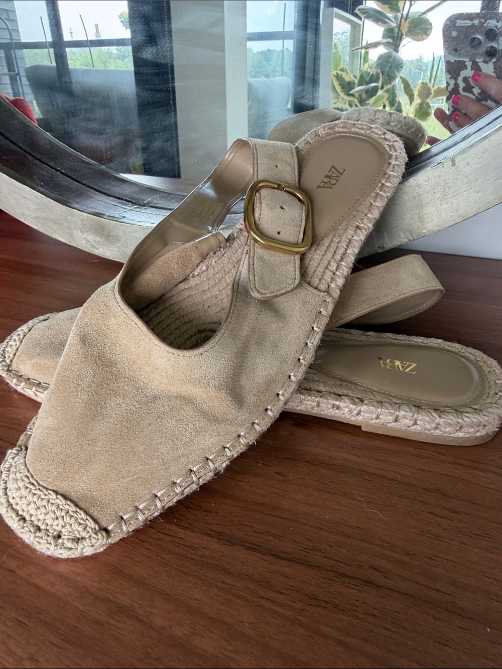Suede Espadrille Slingback Flats in Beige with Gold Buckle